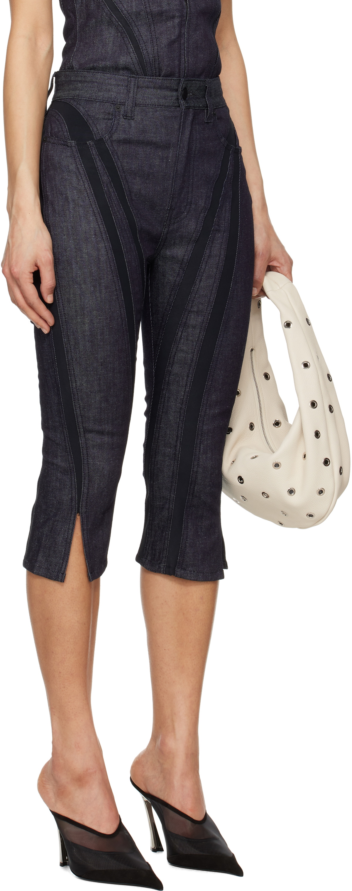 Mugler Navy Mesh Capri Raw Denim Shorts