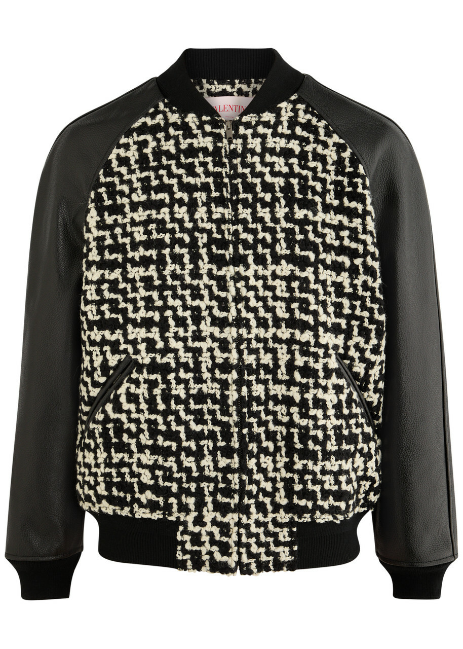 Valentino Leather and Bouclé Tweed Bomber Jacket Black