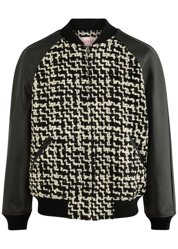 Photo: Valentino Leather and Bouclé Tweed Bomber Jacket Black