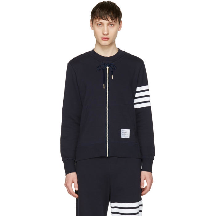 Photo: Thom Browne Navy Trompe LOeil Zip-Up Hoodie Pullover