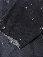 SAINT MXXXXXX - Corduroy-Trimmed Logo-Embroidered Distressed Cotton-Canvas Jacket - Black