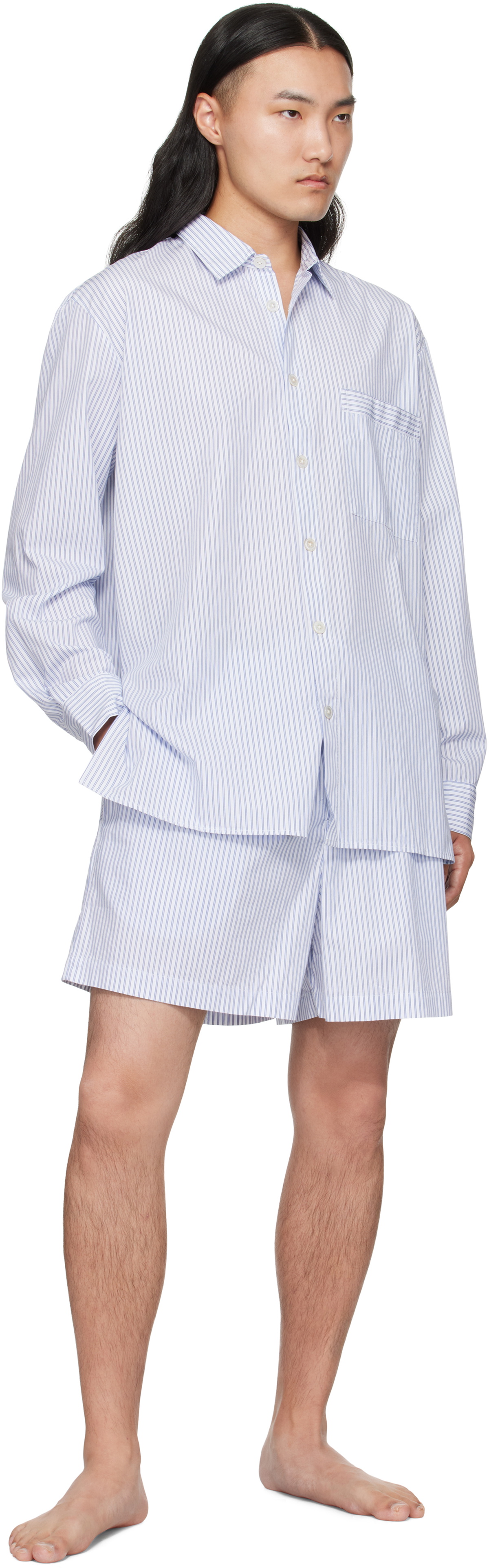 Tekla White & Blue Poplin Long-Sleeved Pyjama Shirt