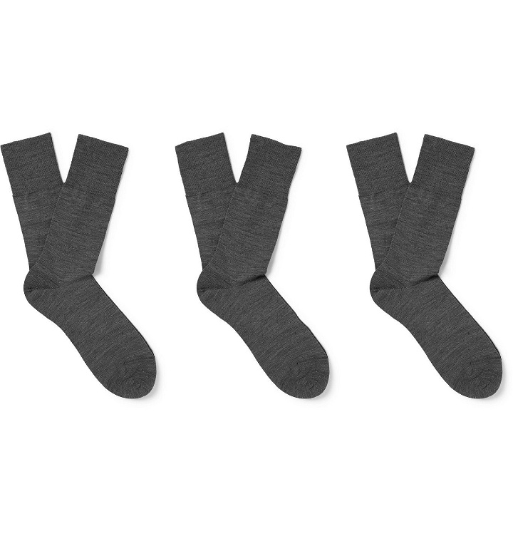 Photo: FALKE - Three-Pack Airport Mélange Stretch Wool-Blend Socks - Gray