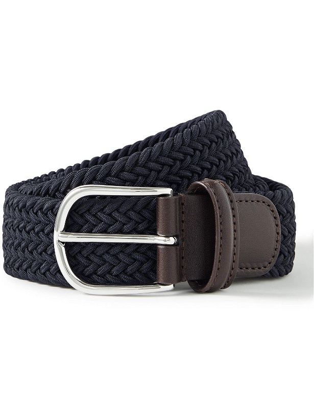 Photo: Anderson's - 3.5cm Leather-Trimmed Woven Elastic Belt - Blue
