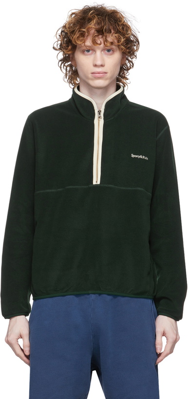 Photo: Sporty & Rich Green Serif Logo Half-Zip Sweater