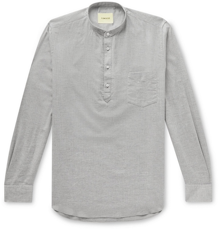 Photo: De Bonne Facture - Grandad-Collar Herringbone Cotton Half-Placket Shirt - Gray
