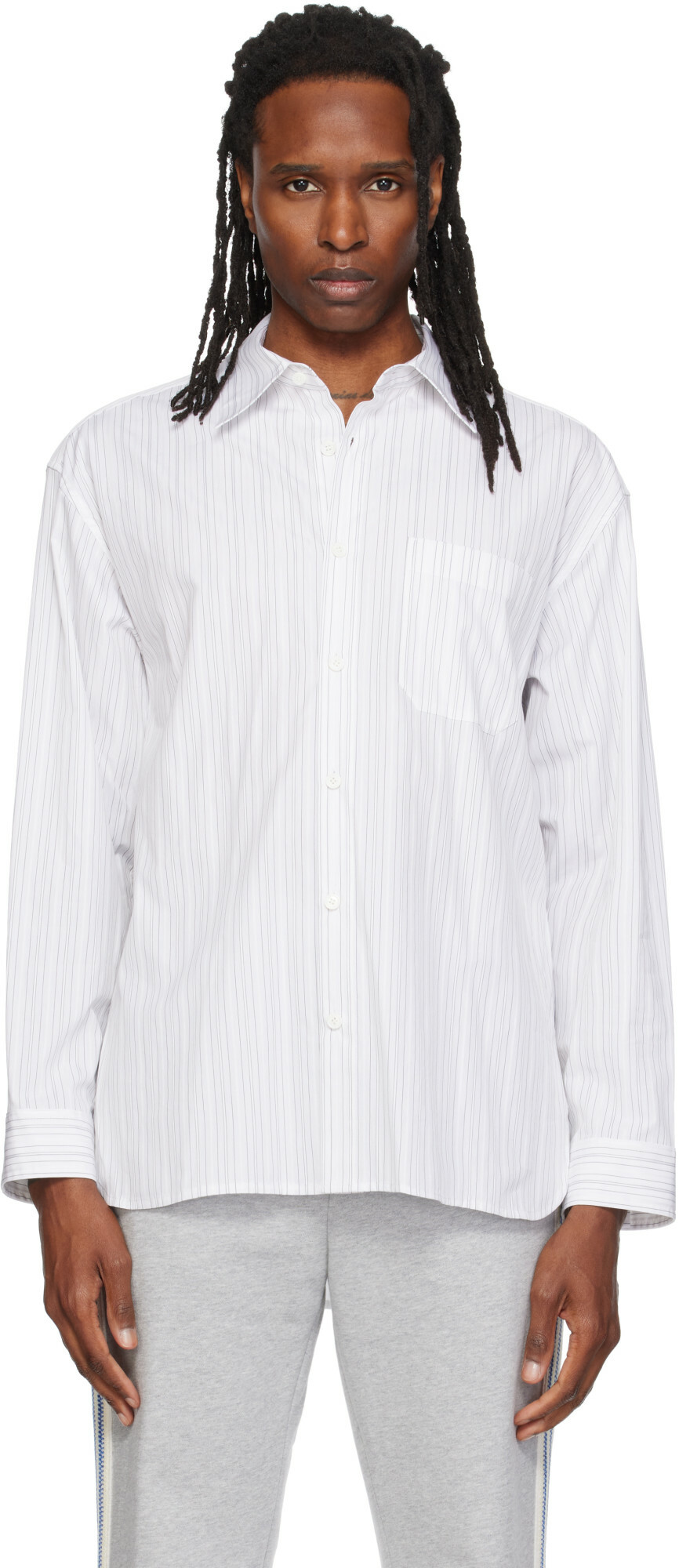 Solid Homme White Semi-Over Striped Shirt