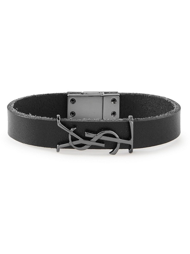 Photo: SAINT LAURENT - Logo-Embellished Silver-Tone and Leather Bracelet - Black