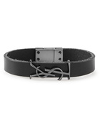 SAINT LAURENT - Logo-Embellished Silver-Tone and Leather Bracelet - Black