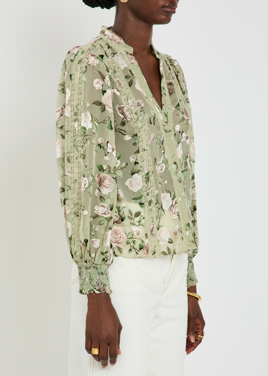 Alice + Olivia Arlette Floral-devoré Chiffon Blouse Light Green