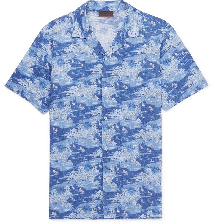 Photo: Altea - Slim-Fit Camp-Collar Printed Cotton Shirt - Men - Blue