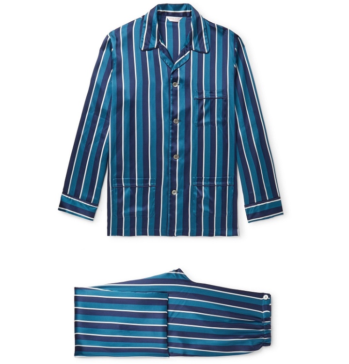 Photo: Derek Rose - Brindisi Striped Silk Pyjama Set - Blue
