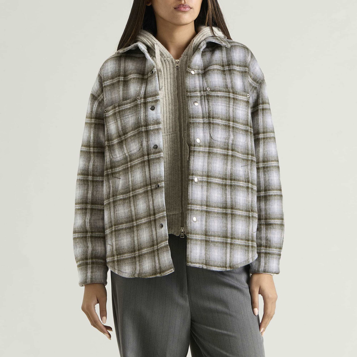 DUNST Women's Quilted Flannel Shirt in Khaki Check