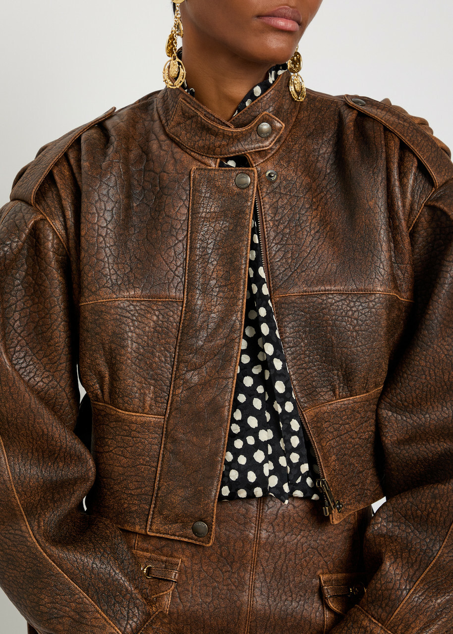 Chloe Belted Grained Leather Cropped Bomber Jacket Brown