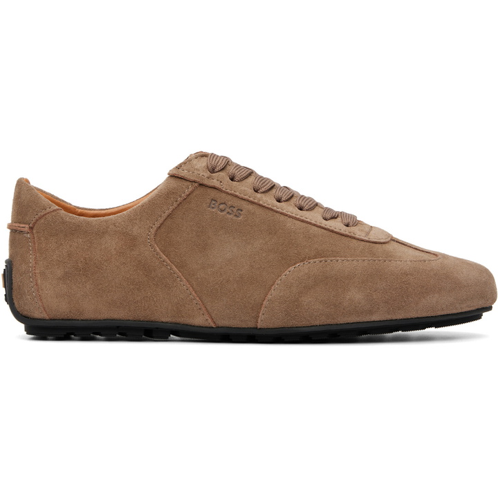 Photo: BOSS Beige Suede Embossed Logo Sneakers