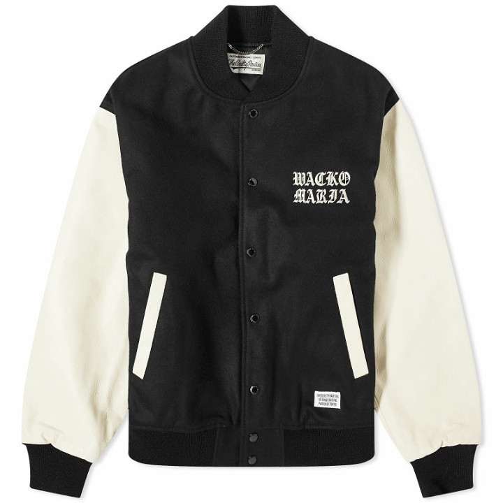Photo: Wacko Maria Men's Leather Varsity Jacket in Black