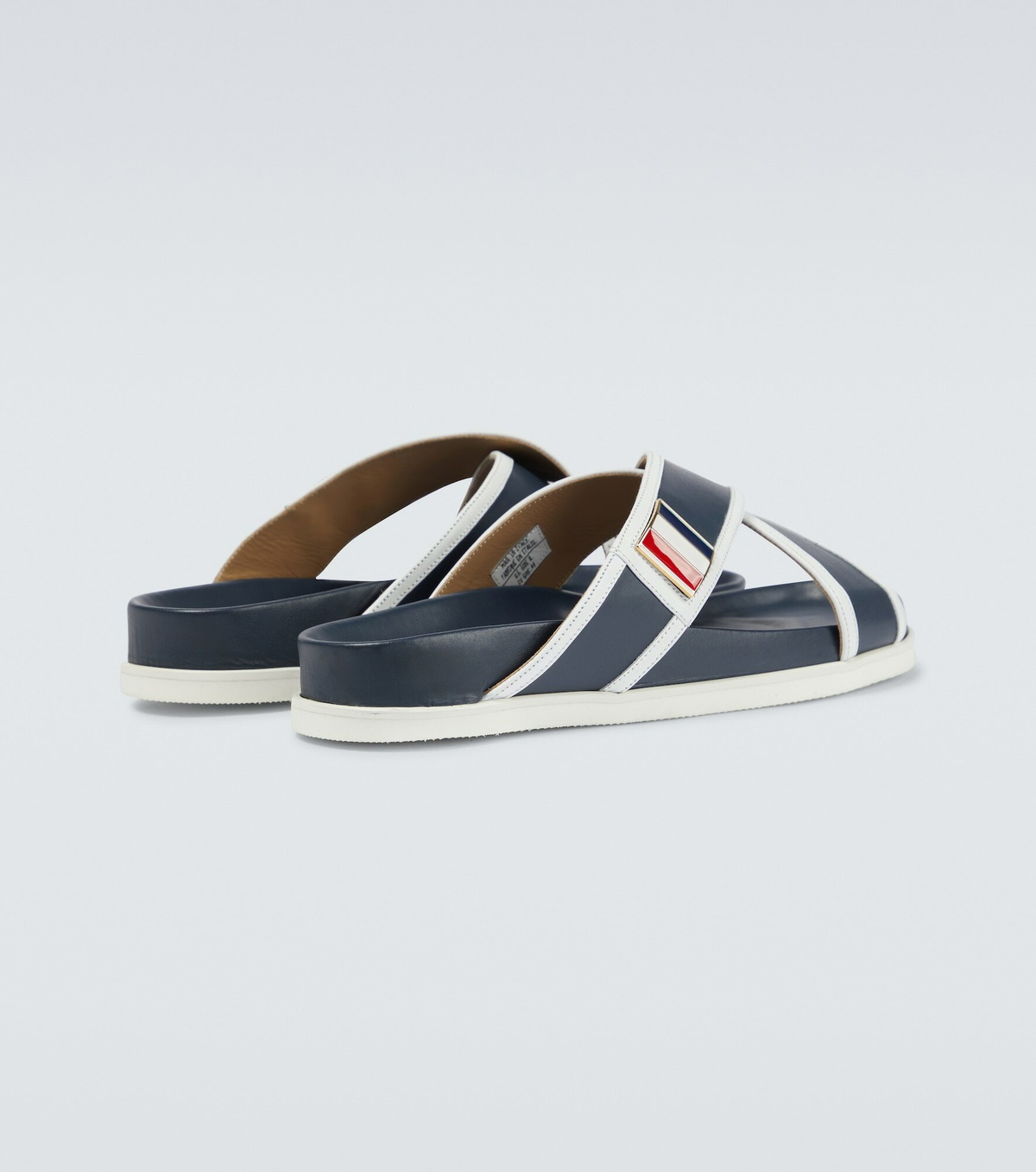 Thom Browne Black Leather Crisscross Slides with Tricolor Accents. THOM BROWNE Criss Cross Luxury Leather Designer Sandal  main image 4