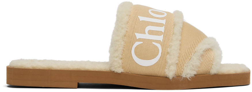 Chloé Beige Shearling Woody Flat Mules