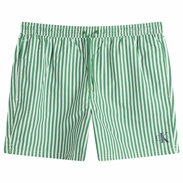 Photo: Calvin Klein Men's Medium Drawstring Swim Shorts in Penny Stripe/Mardi Gras Green