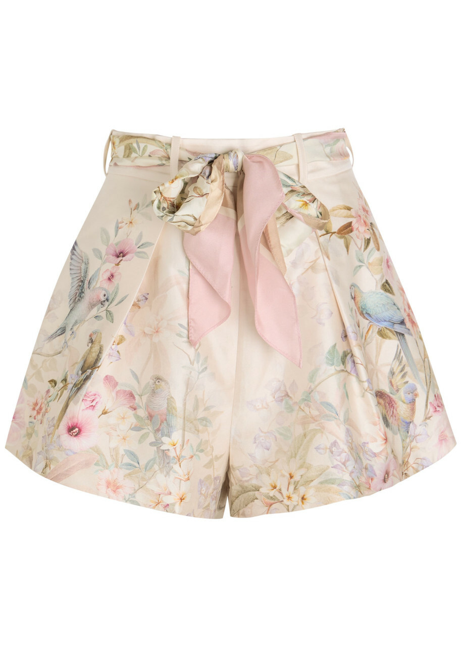 Zimmermann Rebellion Tuck Floral-print Silk-blend Shorts Cream