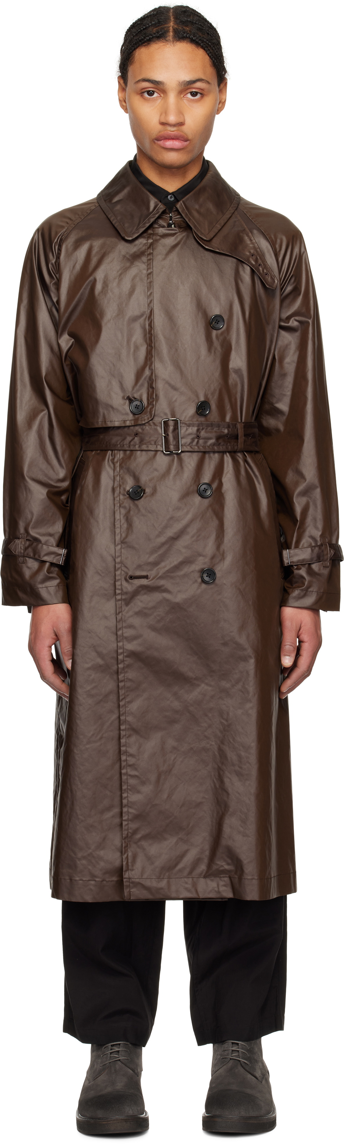 YOKE Brown Leather-Like Trench Coat YOKE