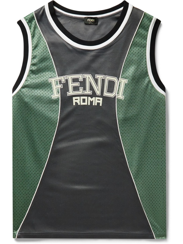 Photo: FENDI - Logo-Appliquéd Mesh-Panelled Jersey Tank Top - Gray