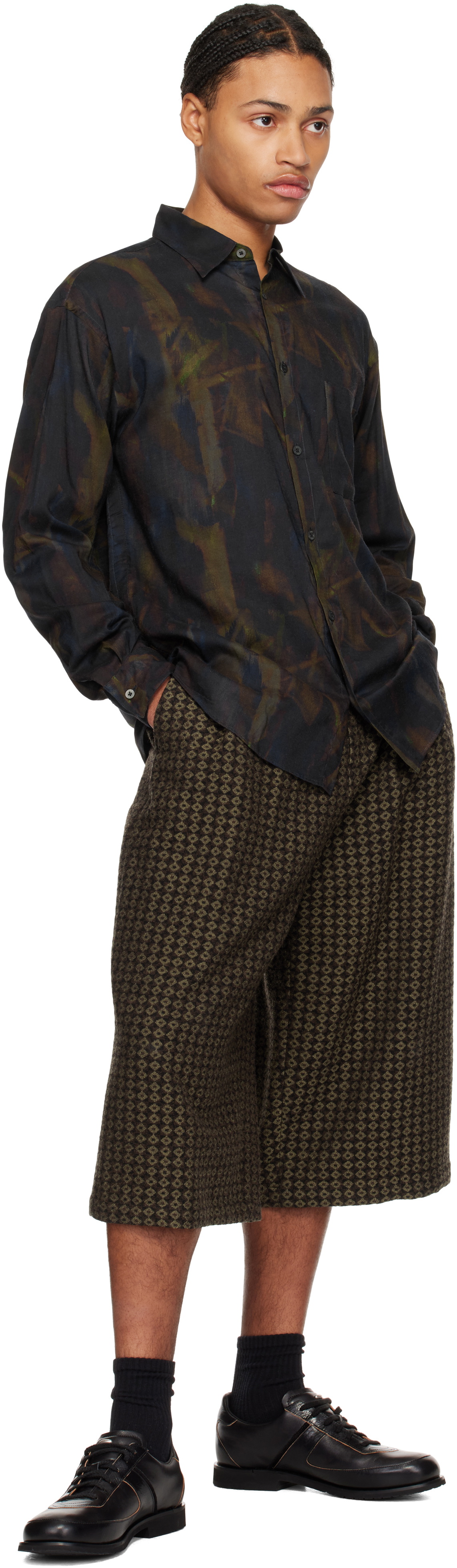 YOKE Navy Twill Patterned Regular Collar Shirt