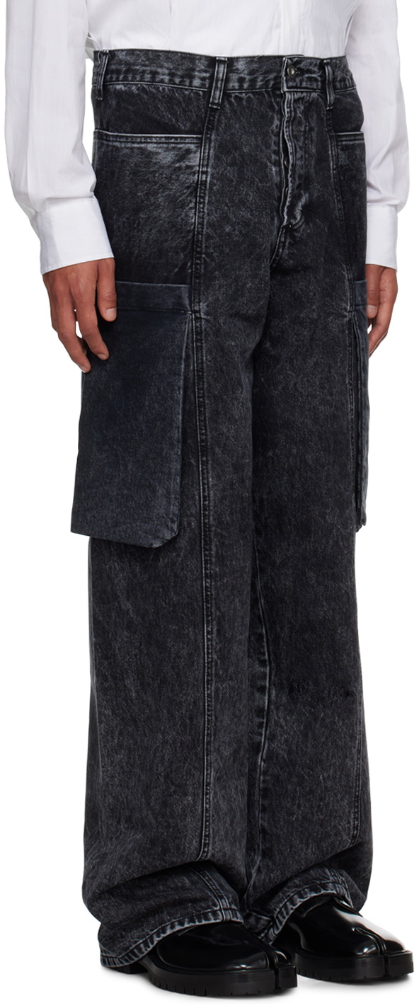 T/SEHNE Black Acid Wash Denim Cargo Pants