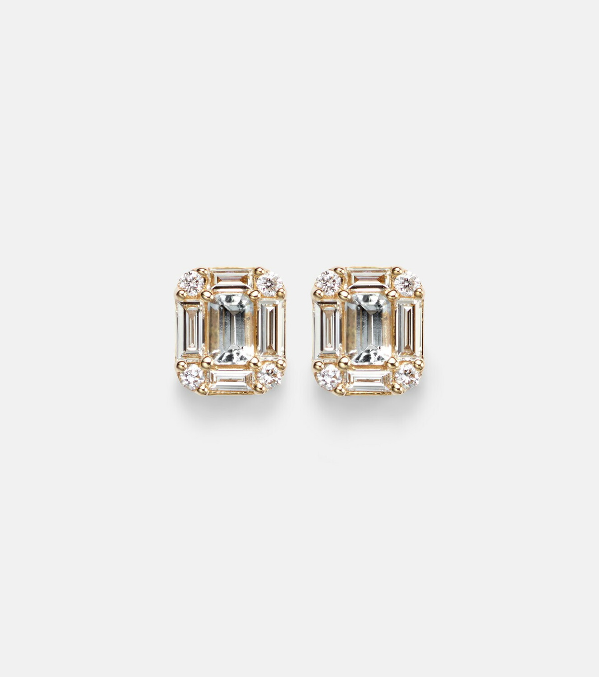 Stone and Strand Shield Of Strength 14kt gold earrings with diamonds and aquamarine