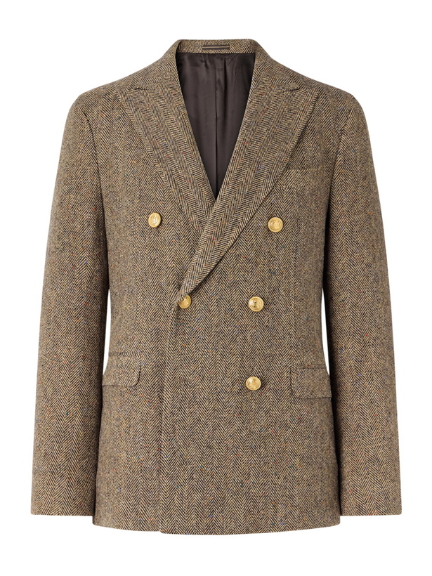 Photo: Slowear - Incotex Double-Breasted Herringbone Shetland Wool-Twill Blazer - Brown