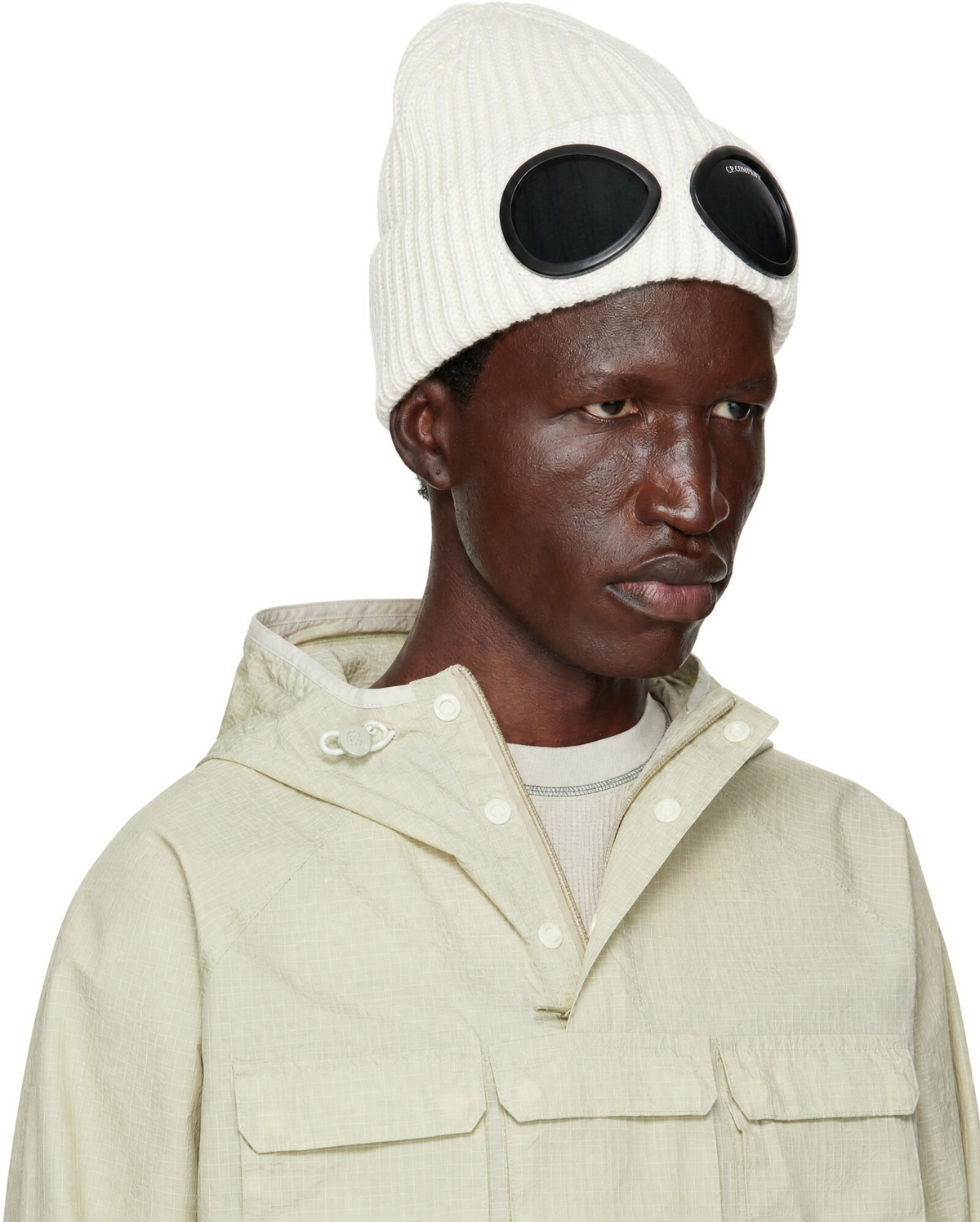 C.P. Company White Extrafine Merino Wool Goggle Beanie