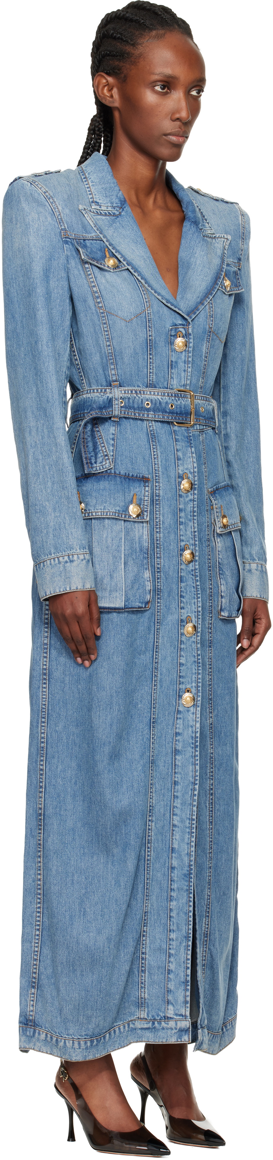 Balmain Blue Belted Long Denim Coat