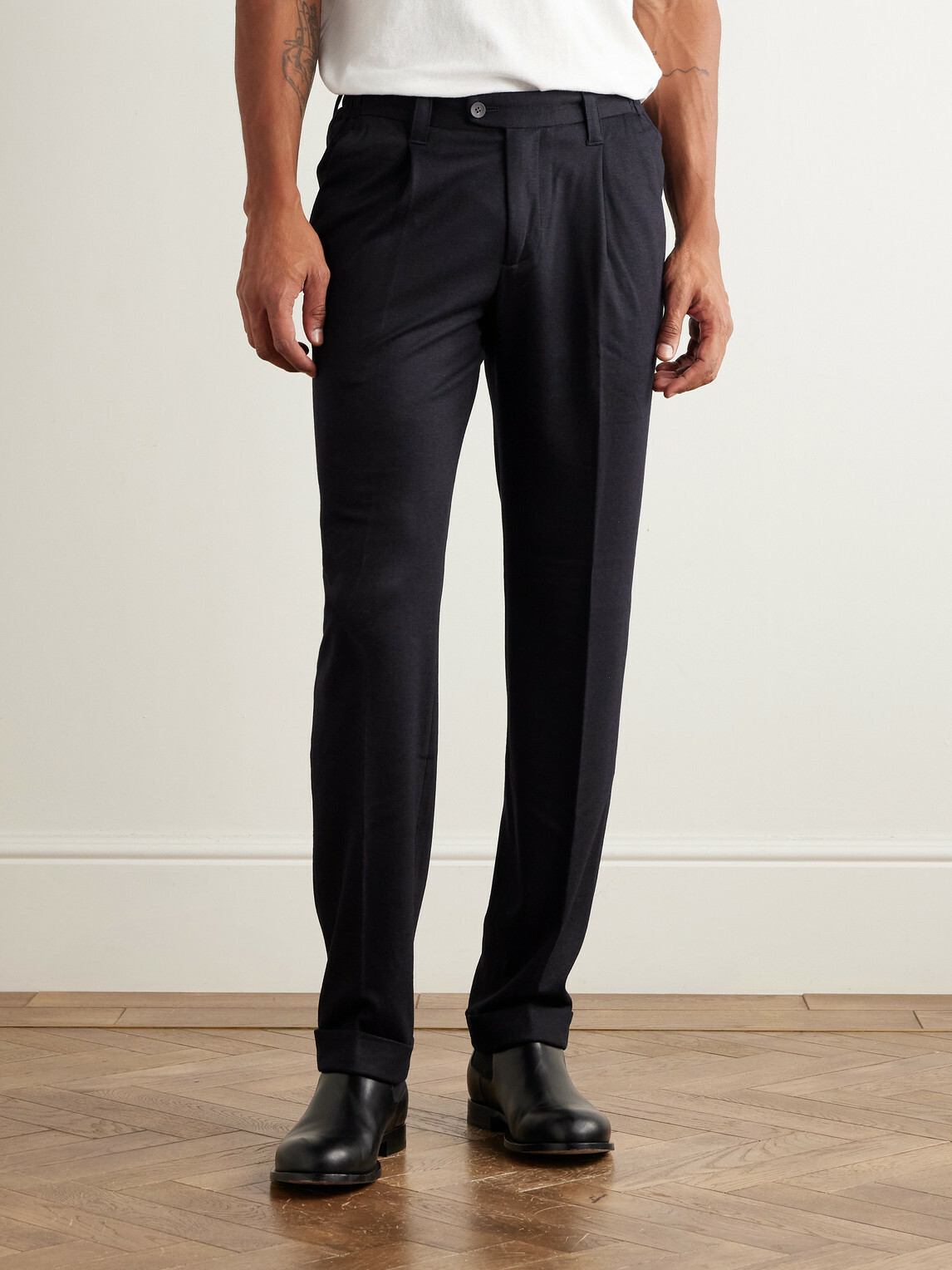 Thom Sweeney - Straight-Leg Pleated Wool-Blend Jersey Trousers - Blue