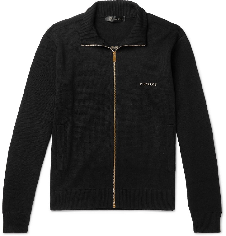 Photo: Versace - Logo-Embroidered Wool Zip-Up Sweater - Black