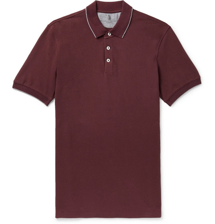 Photo: Brunello Cucinelli - Slim-Fit Contrast-Tipped Cotton-Piqué Polo Shirt - Burgundy