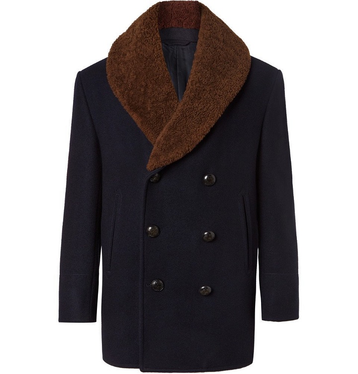 Photo: Brioni - Double-Breasted Shearling-Trimmed Cashmere-Felt Coat - Men - Navy