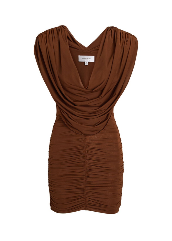 Photo: Ronny Kobo Kehlani Cowl-neck Stretch-mesh Mini Dress Brown