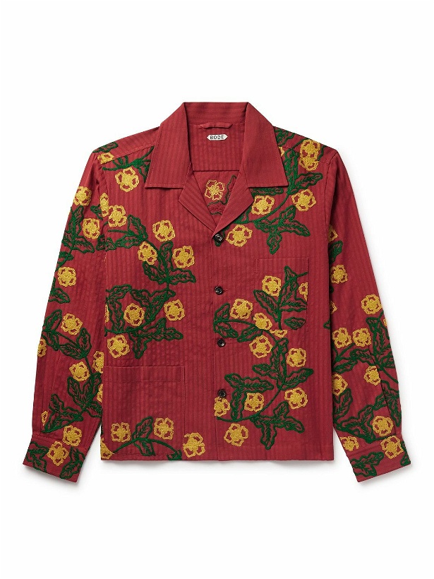 Photo: BODE - Marigold Wreath Camp-Collar Embroidered Striped Cotton Shirt - Red