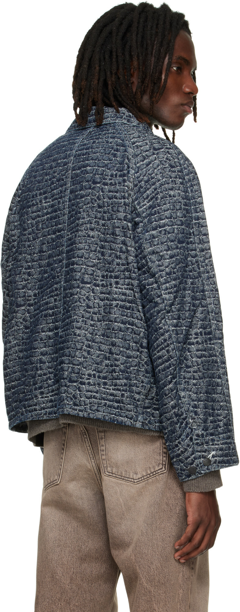 NEEDLES Navy Crocodile Jacquard Short Denim Jacket