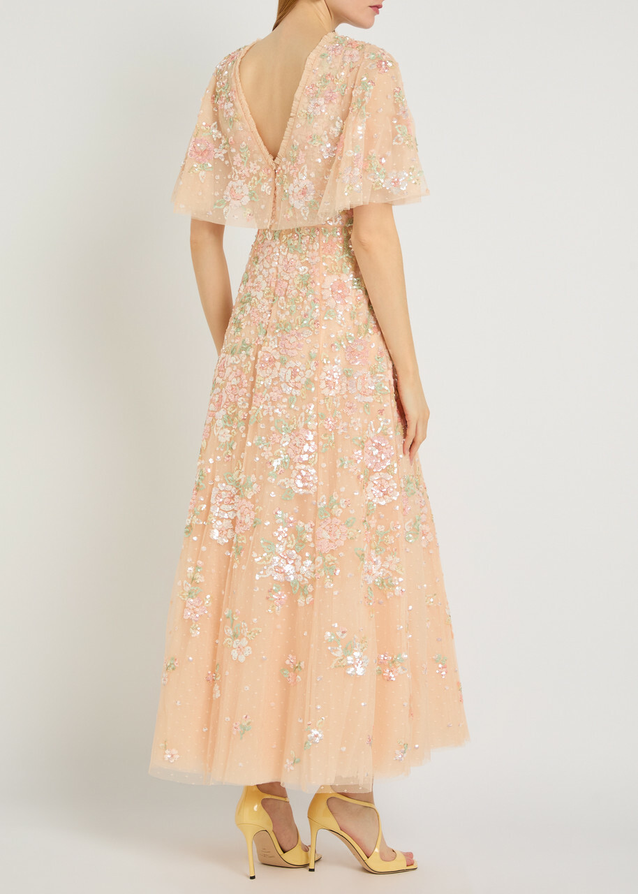 Needle & Thread Sequin Bouquet Embellished Cape-effect Tulle Gown Pink