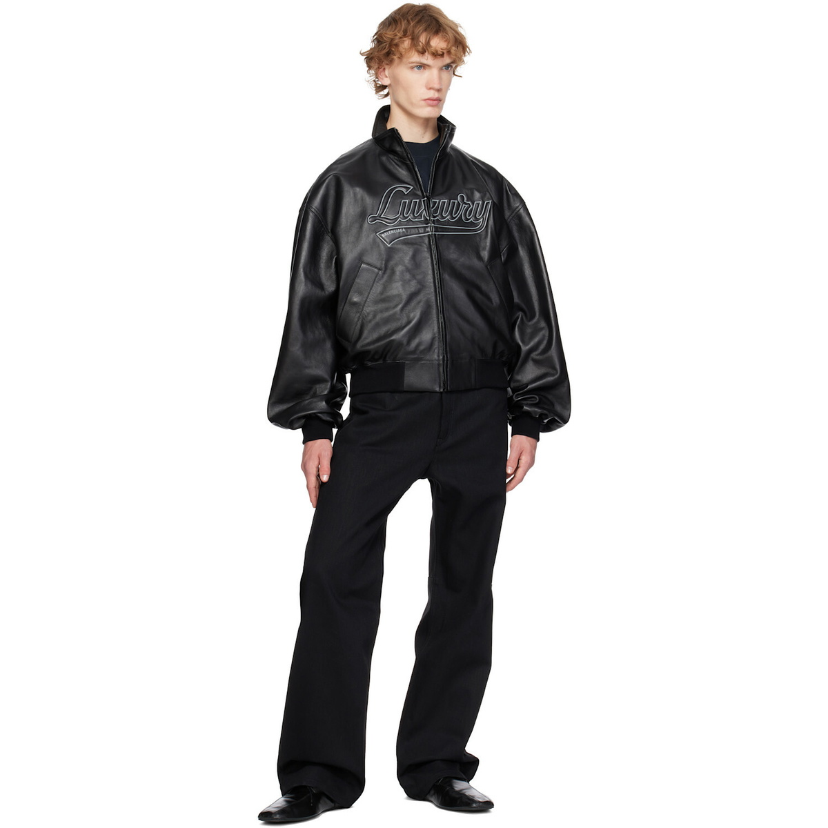 Balenciaga Black Smooth Semi Grainy Leather Bomber Jacket