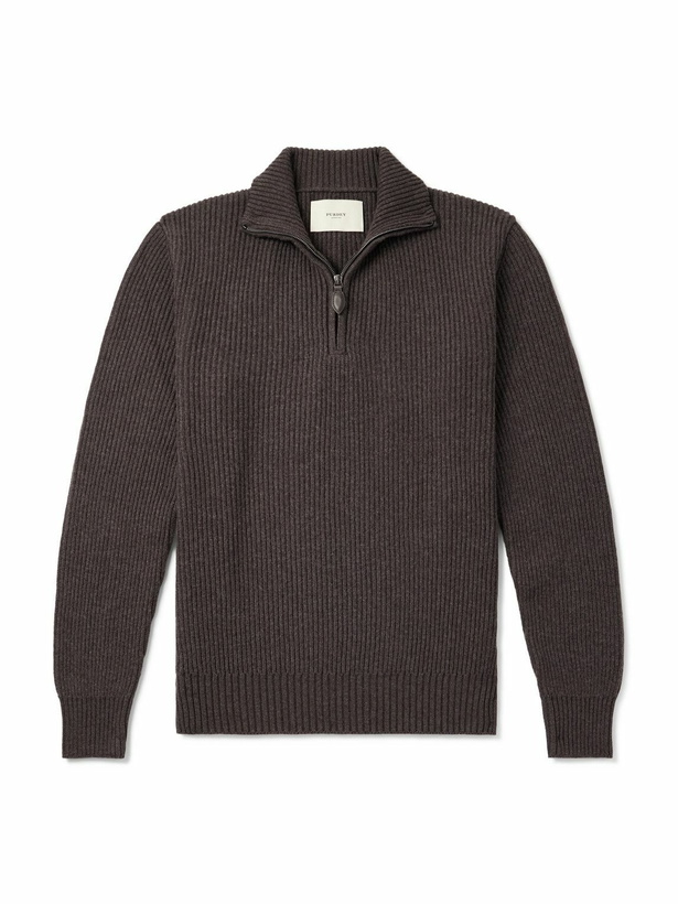 Photo: Purdey - Clifford Ribbed Wool and Cashmere-Blend Half-Zip Sweater - Brown