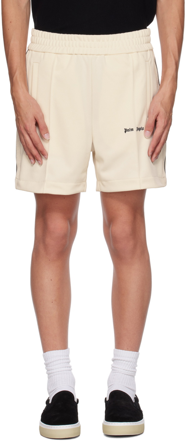 Palm Angels Khaki Camo Curved Logo Lounge Shorts In Green