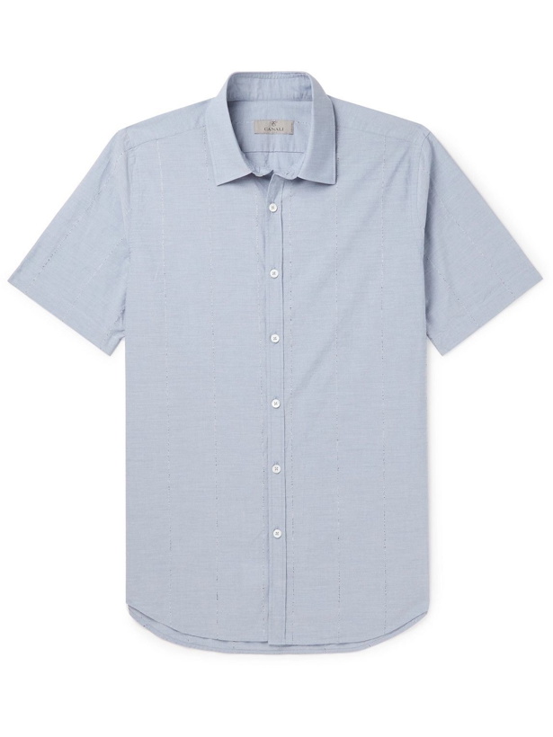 Photo: Canali - Embroidered Striped Cotton-Blend Poplin Shirt - Blue