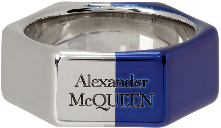 Photo: Alexander McQueen Silver & Blue Chrome Hexagonal Ring