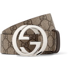 Gucci - 4cm Leather-Trimmed Monogrammed Coated-Canvas Belt - Brown