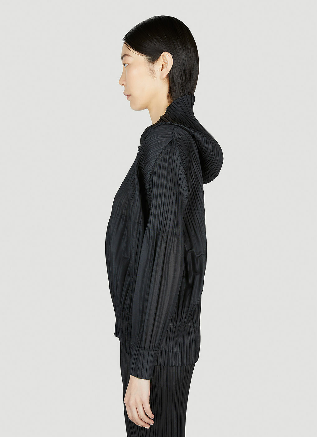 Pleats Please Issey Miyake Pleated Zip Front Jacket in Black