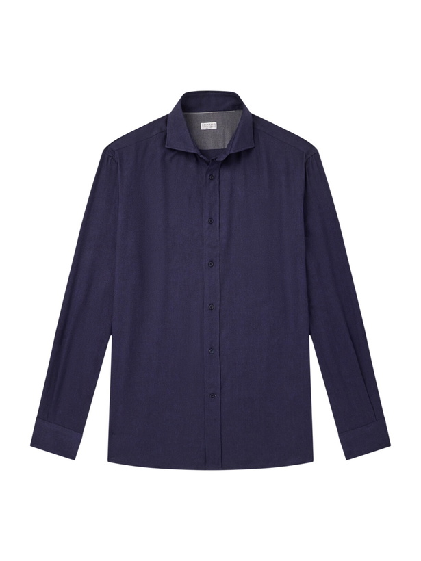 Photo: Brunello Cucinelli - Herringbone Cotton and Lyocell-Blend Shirt - Blue