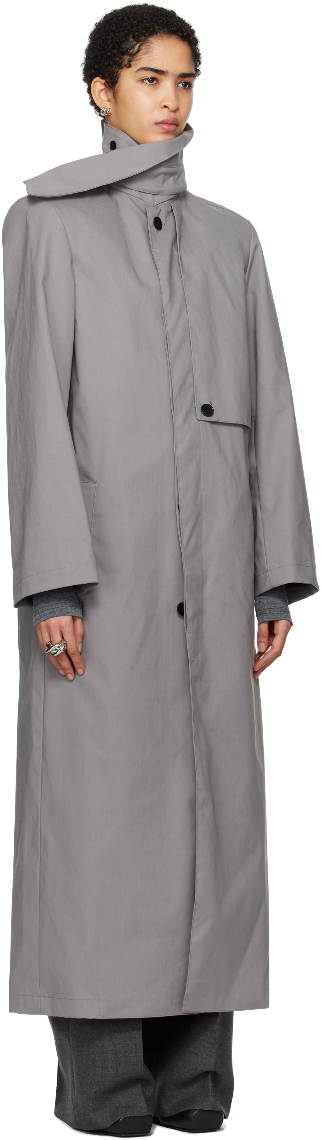 ALAINPAUL Gray Scarf Collar Trench Coat