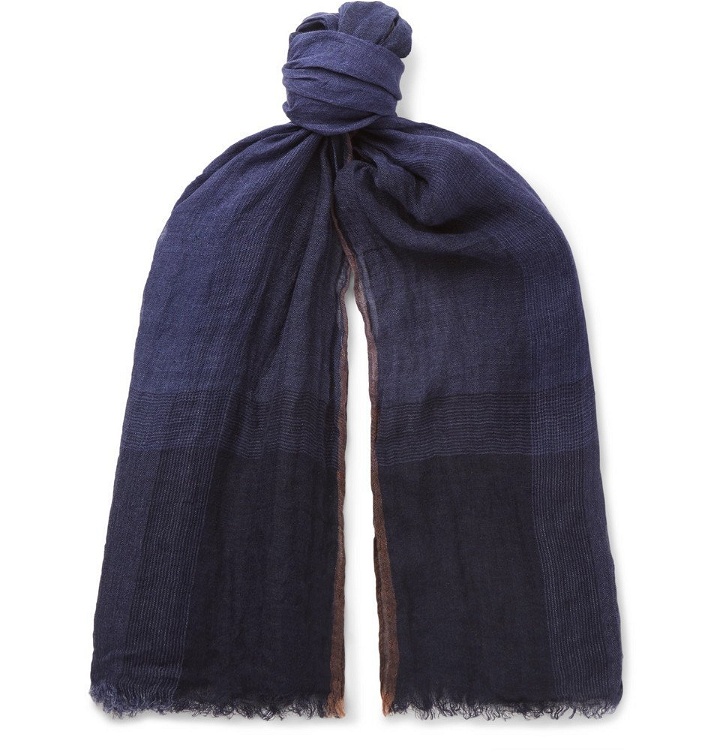 Photo: Brunello Cucinelli - Checked Washed Linen and Silk-Blend Scarf - Men - Navy